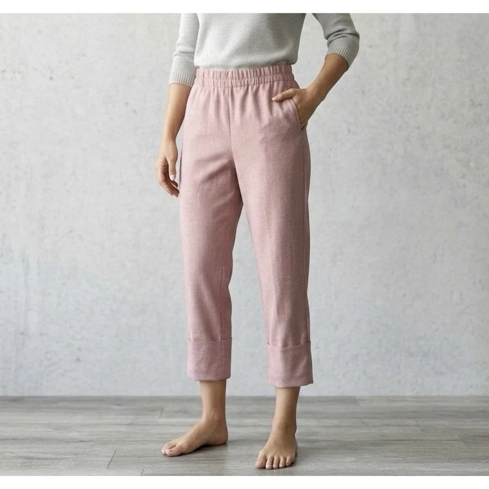 Zara Cotton Blend Cropped Pants Size M Cuffed Wide Hem Ankle Dusty Pink Coastal